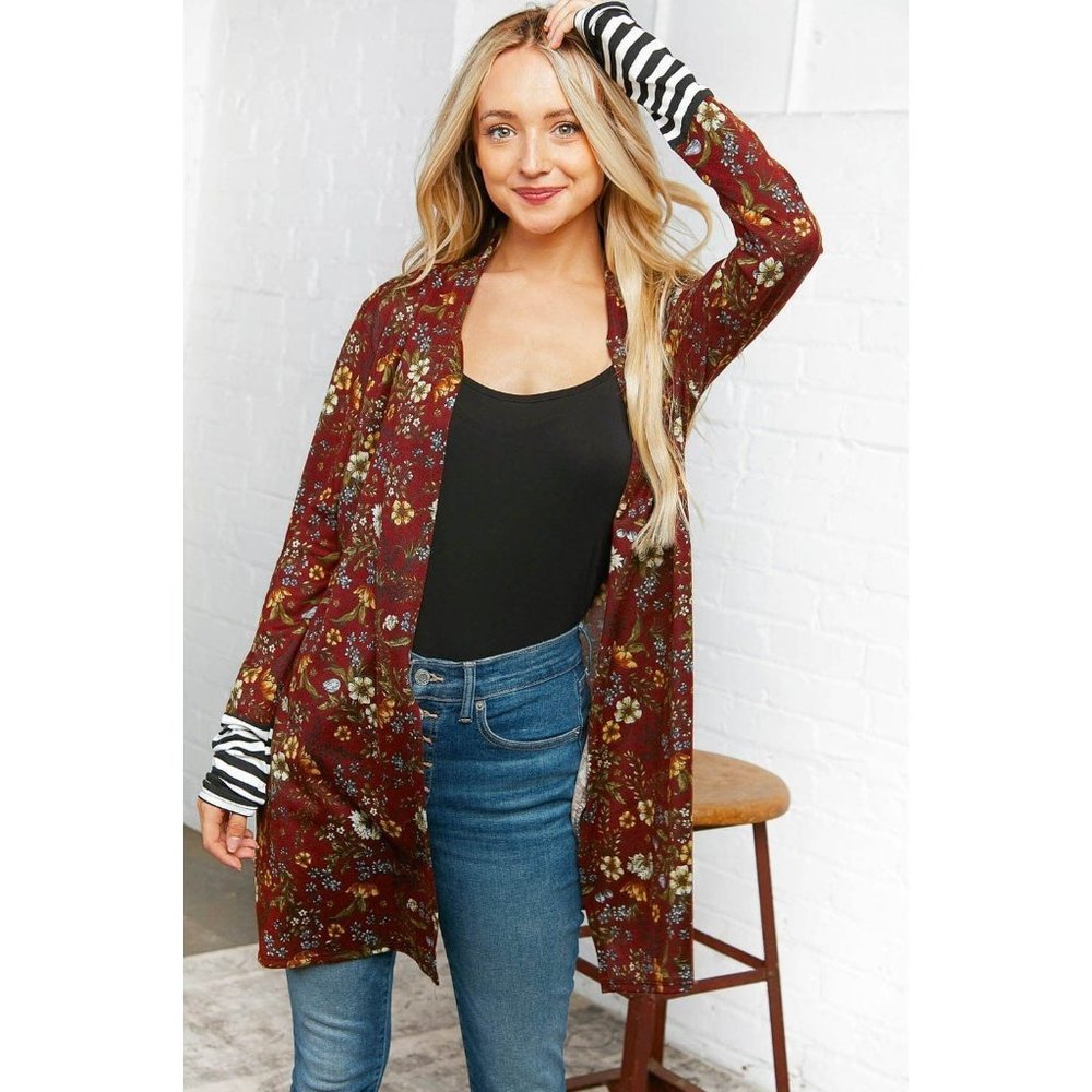 Burgundy Floral Stripe Cardigan with Thumbholes - Picture 5 of 10